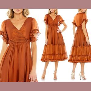 NWT$498 Mac Duggal [ 8 ] Sheer Flutter Sleeve Tea Length Ruffle Dress Rust G1628